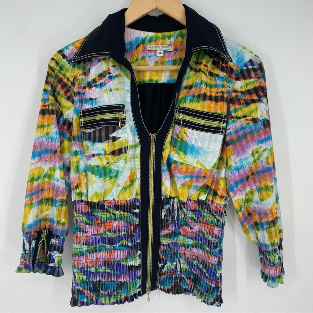 Alberto Makali Vintage Top Bright Watercolor Print Gold Zipper Made In The USA 8